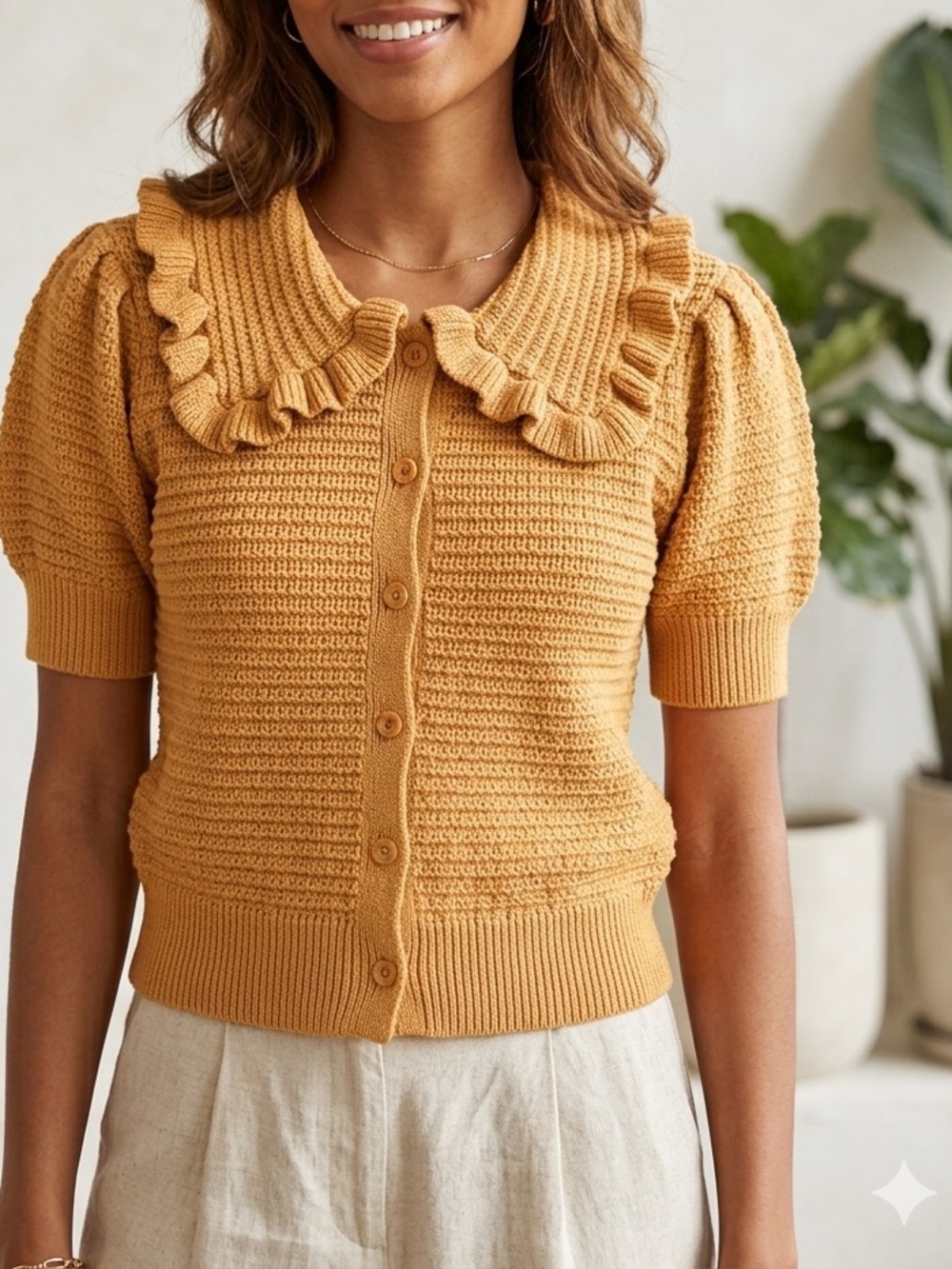 NWT Anthropologie Self Contrast Ainsley Ruffle-Collar Cardigan Sweater Ochre🤩